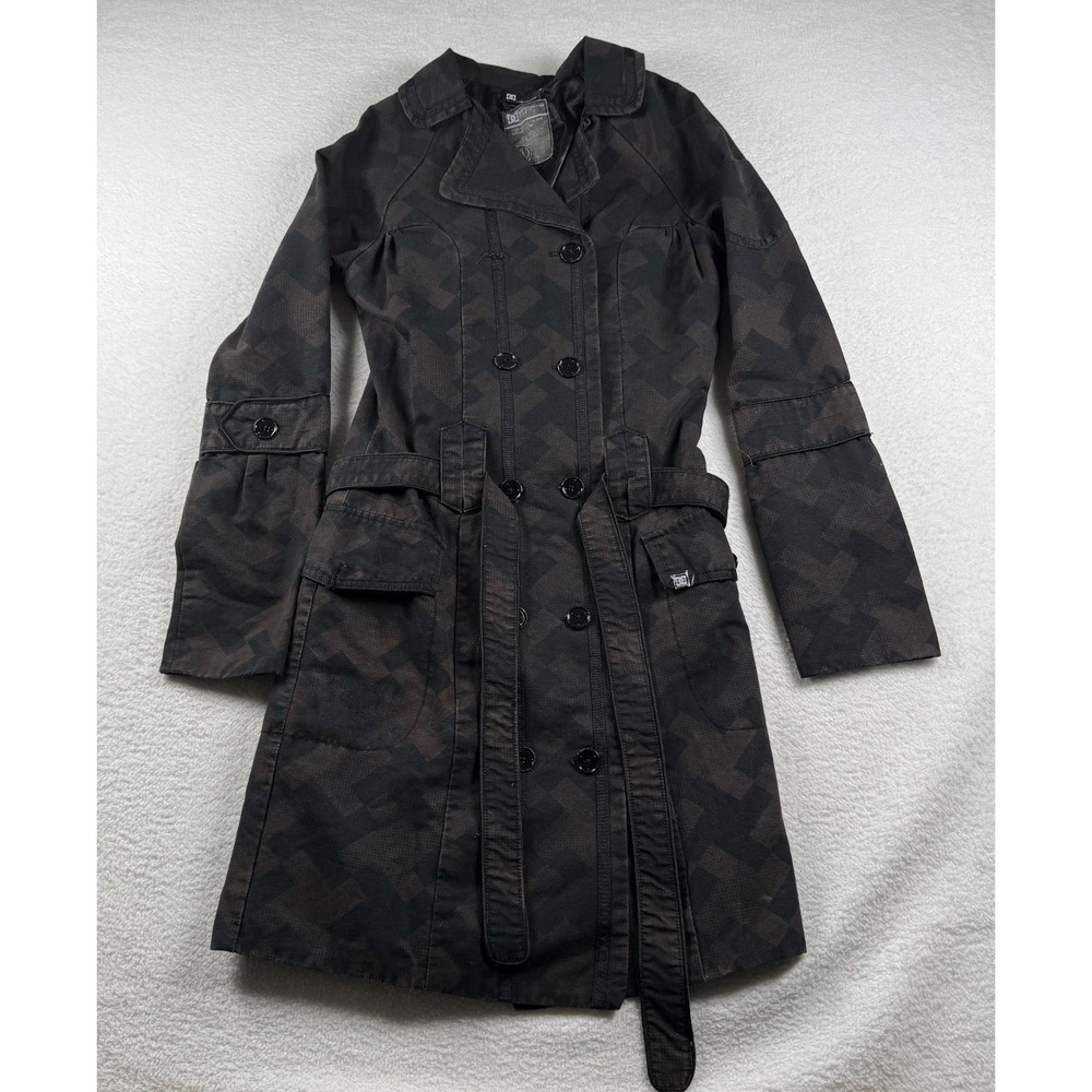 DC Trench Coat Womens Small Black Gray Belted Double Breasted Winter‎ Warm Wear